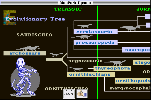 DinoPark Tycoon (Macintosh) screenshot: The evolutionary tree of the dinosaurs
