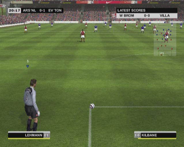 Club Football 2005 (PlayStation 2) screenshot: Arsenal<br>The default camera angle changes for set pieces such as this goal kick<br>The display of scores from other matches in the top right is optional