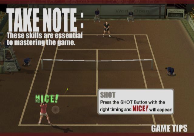 Smash Court Tennis: Pro Tournament (PlayStation 2) screenshot: If the player does not "Press the Start Button" the game will either show game tips like this, replay the animated intro, show brief player descriptions or show a demonstration game