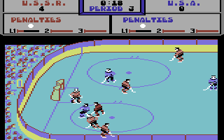 Powerplay Hockey (Commodore 64) screenshot: Good chance for the Americans to score here.