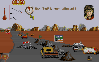 Moonshine Racers (DOS) screenshot: Fat Sam the Sheriff is patrolling here.
