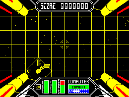 Starstrike II (ZX Spectrum) screenshot: Now there's a grid with a window in it and collection of spinning things - perhaps I should shoot them