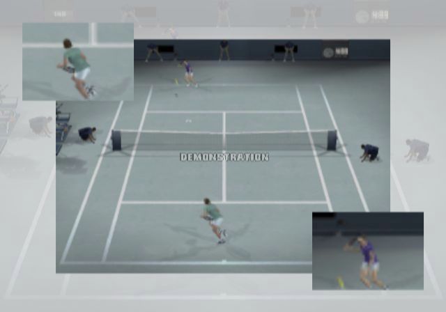 Smash Court Tennis: Pro Tournament (PlayStation 2) screenshot: If the player does not "Press The Start Button" the game will either show a demonstration game like this, replay the animated intro, show brief player descriptions of show game tips