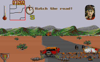 Moonshine Racers (DOS) screenshot: Making a really sharp turn to the right.