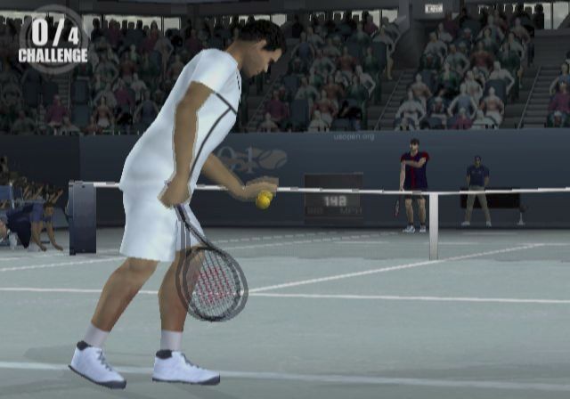 Smash Court Tennis: Pro Tournament (PlayStation 2) screenshot: Starting the US Open in the Arthur Ashe stadium<br>Points can be earned by completing the challenge which in this case is to make four volleys. This unlocks bonus items