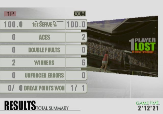 Smash Court Tennis: Pro Tournament (PlayStation 2) screenshot: The end of match statistics