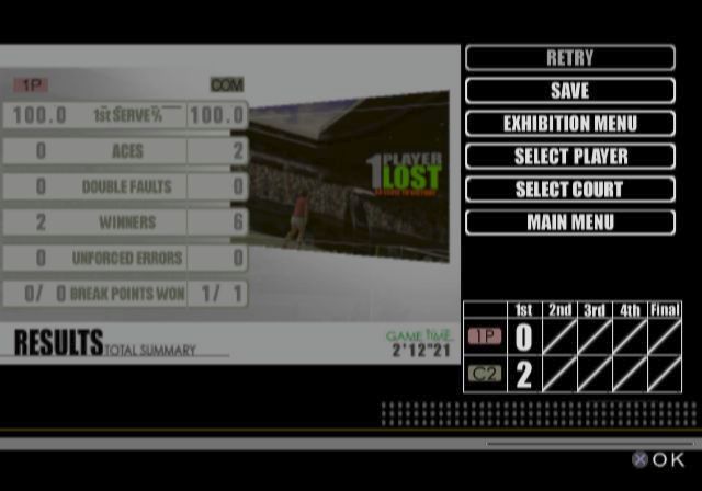 Smash Court Tennis: Pro Tournament (PlayStation 2) screenshot: The player lost their exhibition match but gets the chance to replay it or play another when it's done<br>There's a similar screen when/if the player loses a tournament match