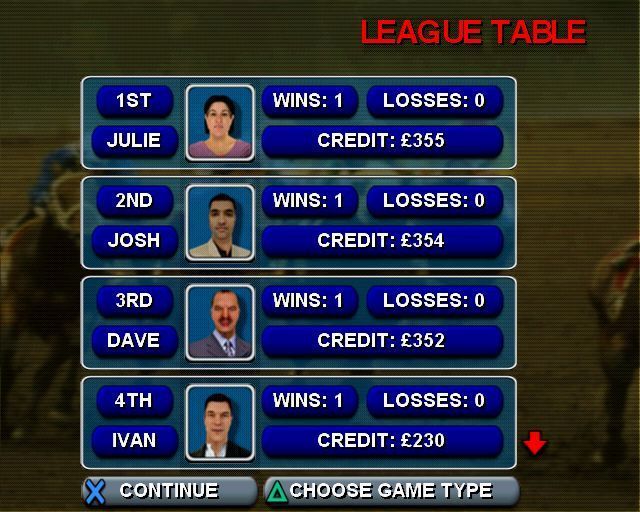 Casino Challenge (PlayStation 2) screenshot: There is a league table of opponents but all games are played as single player games