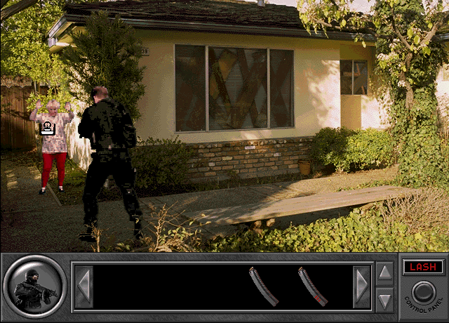Daryl F. Gates' Police Quest: SWAT (Windows 3.x) screenshot: DROP IT GRANDMA! EAT THE DIRT! GO! GO! GO!