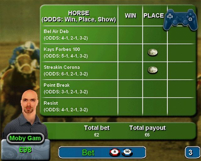 Casino Challenge (PlayStation 2) screenshot: The Horse Racing game<br>The left/right keys change the stake, CROSS selects the token and the D Pad keys place it on the grid