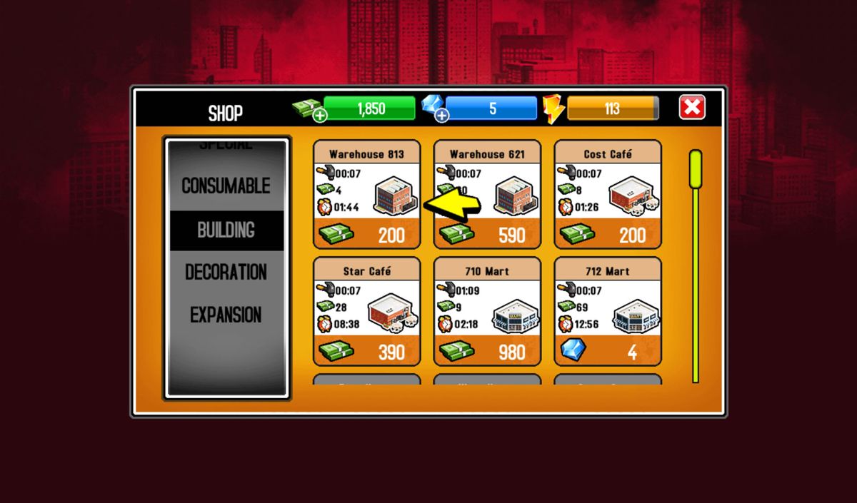 Gangstar City (Android) screenshot: Construct new buildings from the shop.