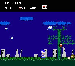 Ninja Kid (NES) screenshot: Action in the poison field, including rolling eyeballs, flying birds, mystical clouds, and falling hailstones