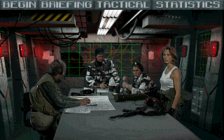 SkyNET (DOS) screenshot: Your crackerjack, FMV briefing cast.