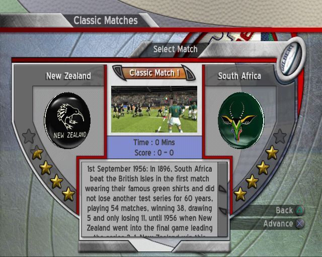 Rugby Challenge 2006 (PlayStation 2) screenshot: In the Challenges the only Classic Match that is unlocked at the start of the game is the 1956 New Zealand vs South Africa match