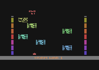 Worm War I (Atari 8-bit) screenshot: I shot all worms and new ones are warping in