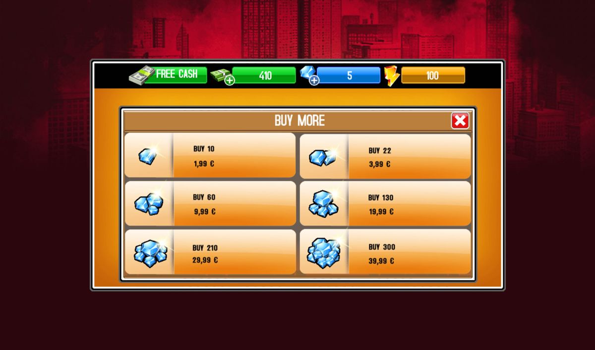 Gangstar City (Android) screenshot: In-app purchases for the premium currency