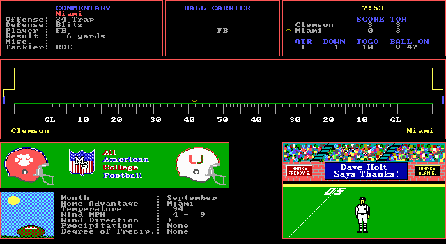 All-American College Football (DOS) screenshot: The computer simulates a game in league play mode