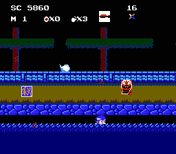 Ninja Kid (NES) screenshot: Laying low in this water level where the enemies don't venture