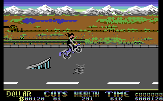 Danger Freak (Commodore 64) screenshot: The first stunt, jumping over a ramp