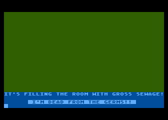 Softporn Adventure (Atari 8-bit) screenshot: One of the many unusual ways your character can die