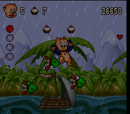 Porky Pig's Haunted Holiday (SNES) screenshot: On the raft, watch out for vultures and piranhas