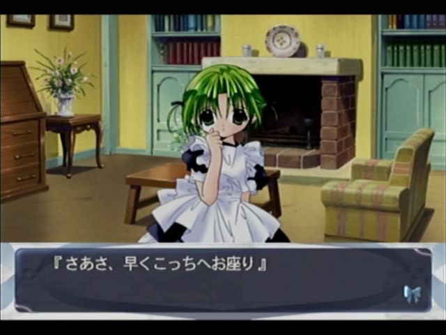 Di Gi Charat Fantasy (Dreamcast) screenshot: A cozy room with a fireplace