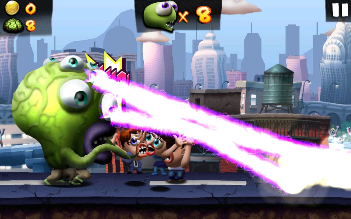 Zombie Tsunami (Android) screenshot: With this power-up the horde turns into a large blob that clears all obstacles with a laser.