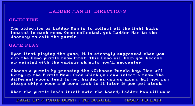 Ladder Man III (DOS) screenshot: Instructions