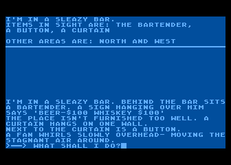 Softporn Adventure (Atari 8-bit) screenshot: Sleazy bar