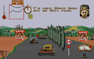 Moonshine Racers (DOS) screenshot: An alley of trees in middle of the road?