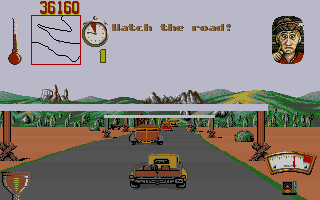 Moonshine Racers (DOS) screenshot: Trying to outride a brown car ahead.