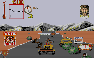 Moonshine Racers (DOS) screenshot: My car is broken and full of flames.