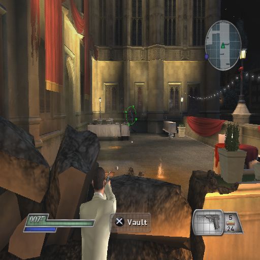 007: From Russia with Love (PlayStation 2) screenshot: The L1 button targets a baddie and the R1 button fires