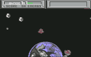 Blasteroids (Commodore 64) screenshot: Earth provides the backdrop for this sector