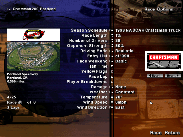 NASCAR Craftsman Truck Series Racing (Windows) screenshot: Quick Race screen.