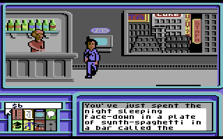 Neuromancer (Commodore 64) screenshot: Waking up on a plate of spaghetti