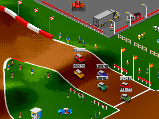 Super Skidmarks (Genesis) screenshot: A starting grid on "Rally Racing"
