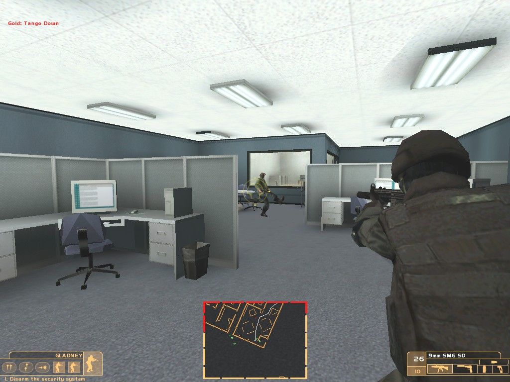 The Sum of All Fears (Windows) screenshot: Sitting back and watching a team member take down a terrorist. Your teammates can be ordered into battle by themselves, but since their AI reflexes are only average if you rely on them too much they'll die really, really quick