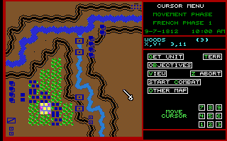 Battles of Napoleon (DOS) screenshot: Tactical map -- units are represented using military graphics: artillery are boxes with dots in the middle, cavalry are boxes with a diagonal line, infantry are lines and small boxes