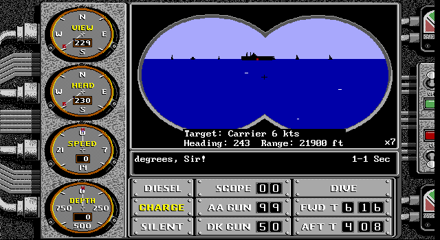 Sub Battle Simulator (DOS) screenshot: Take a closer look at what's on the horizon (EGA)