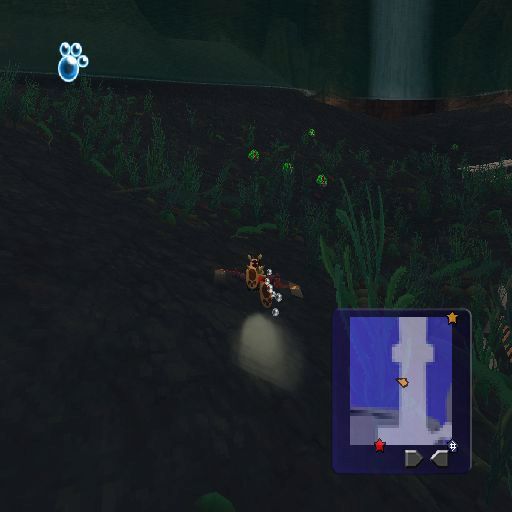 Ty the Tasmanian Tiger 2: Bush Rescue (PlayStation 2) screenshot: Ty is swimming underwater. The paw in the top left now shows the status of his air.<br>On the floor of the lake are coloured orbs to collect for points
