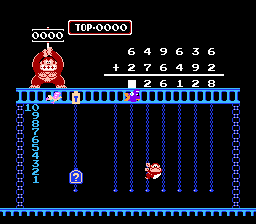 Donkey Kong Jr. Math (NES) screenshot: +-x÷ Exercise, adding six-digit numbers