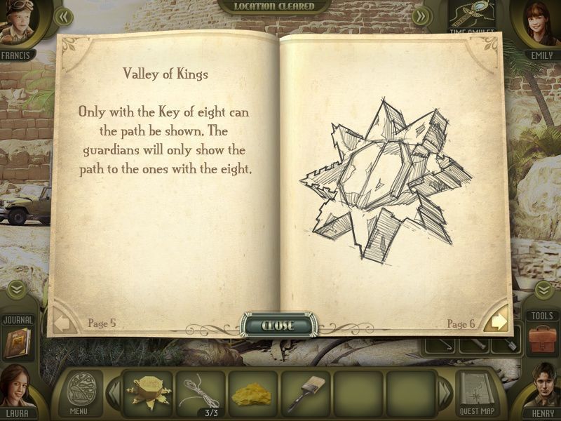 Escape the Lost Kingdom (Collector's Edition) (Windows) screenshot: On the left, just above Laura, is the excavation journal of her aunt which contains some useful information
