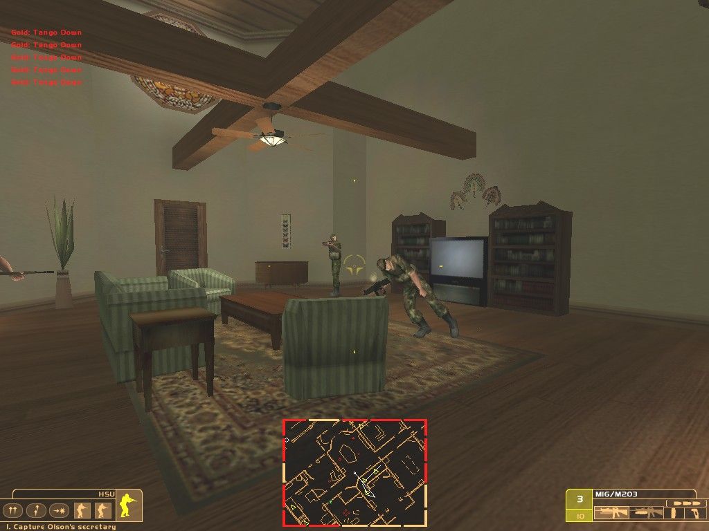 The Sum of All Fears (Windows) screenshot: Counter-Terrorism: The pay may be lousy, but every once in a while you get to break into the bad guys' super-luxurious living rooms and shoot them in the crotch