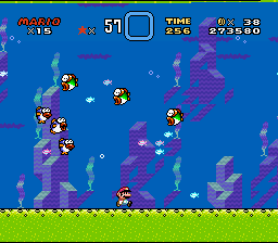 Super Mario World (SNES) screenshot: Chased underwater by Rip Van Fish