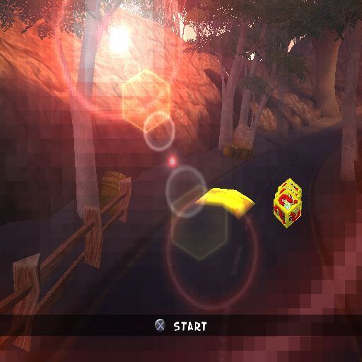 Ty the Tasmanian Tiger 2: Bush Rescue (PlayStation 2) screenshot: In addition to the main game there's also a Cart Racing option.<br>Prior to the race there's a fly-by of the course<br>The cubes are power-ups and the chevron is a speed boost