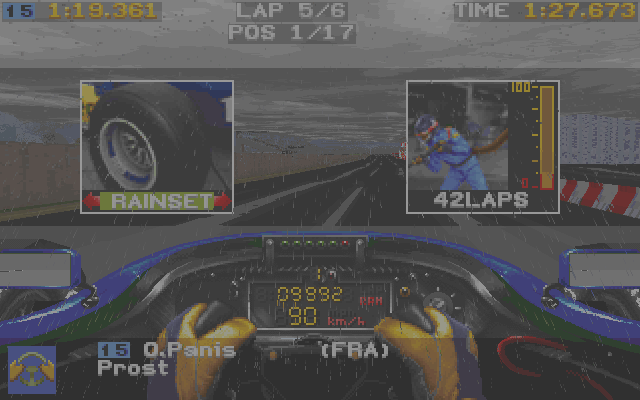Prost Grand Prix 1998 (DOS) screenshot: A pit stop