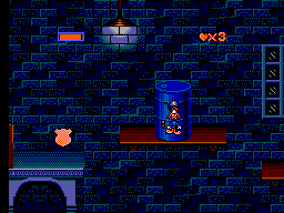 Disney's Bonkers: Wax Up! (SEGA Master System) screenshot: Weird bug: Bonkers got trapped inside the barrel... I guess it is game over.