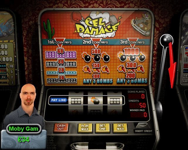 Casino Challenge (PlayStation 2) screenshot: The Cel Damage slot machine<br>The left/right D-Pad keys move the player between the slot machine buttons and handle which is where it is now. They also take the player to the other machines