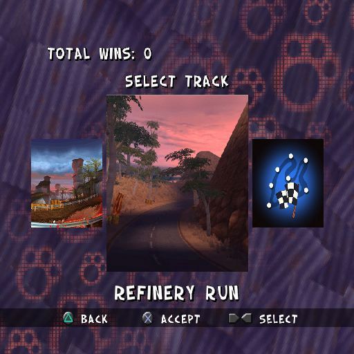 Ty the Tasmanian Tiger 2: Bush Rescue (PlayStation 2) screenshot: In addition to the main game there's also a Cart Racing option.<br>This is the track selection screen, there are seven tracks none of which are locked